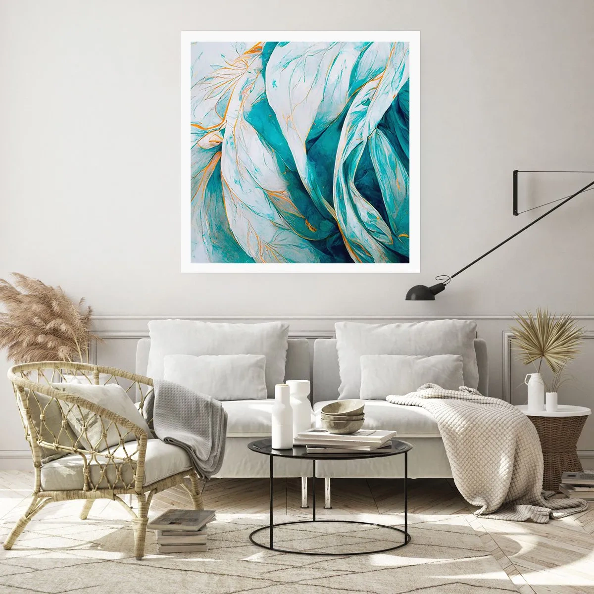 Plakát - Modrá abstrakce se zlatým motivem - 60x60 cm