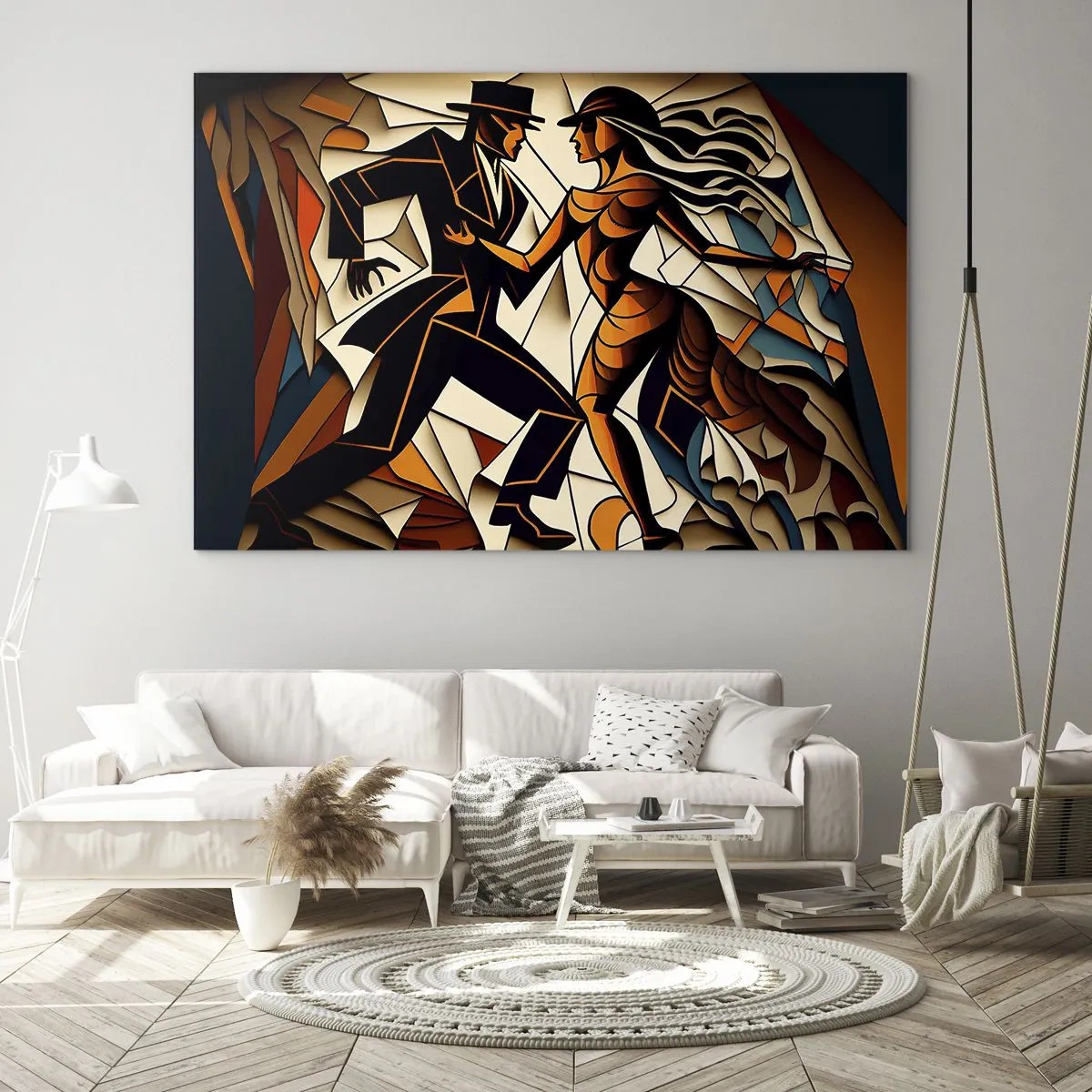 Obraz na skle - Stylizovaný pár tančící v dynamické abstraktní formě. - 70x50cm - Tanec vřelosti a vášně - Moderní nástěnná dekorace do obývacího pokoje a ložnice ARTTOR