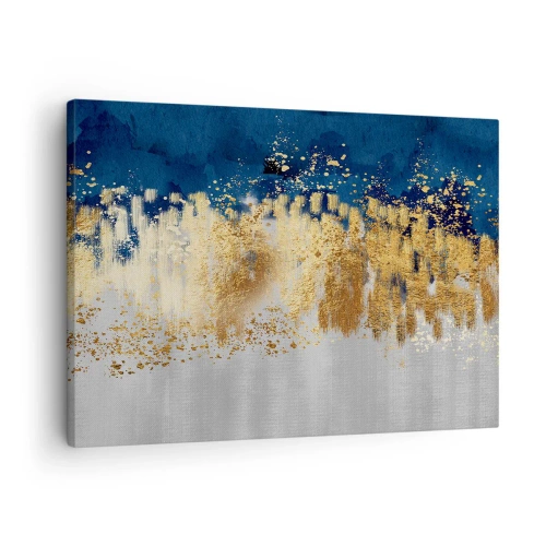 Obraz na plátně - Abstraktní kompozice v odstínech zlaté a tmavě modré. - 70x50cm - Moderní kompozice s jiskrou - Moderní nástěnná dekorace do obývacího pokoje a ložnice ARTTOR