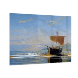 Obraz na skle - Loď s plachtou u břehu v malířském stylu - 70x50cm - Voda, země, vzduch - Moderní nástěnná dekorace do obývacího pokoje a ložnice ARTTOR