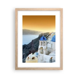 Plakát v rámu světlý dub - Santorini - přitulené ke skalám - 30x40 cm