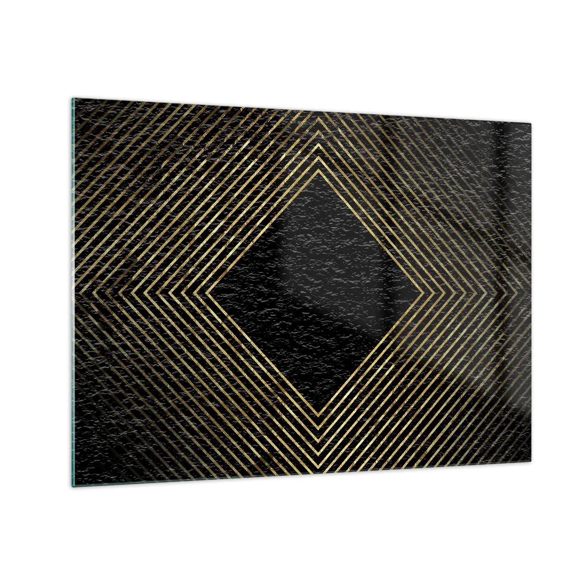 Obraz na skle - Zlatý diamant s geometrickými liniemi na černém pozadí - 70x50cm - Geometrie ve stylu glamour - Moderní nástěnná dekorace do obývacího pokoje a ložnice ARTTOR