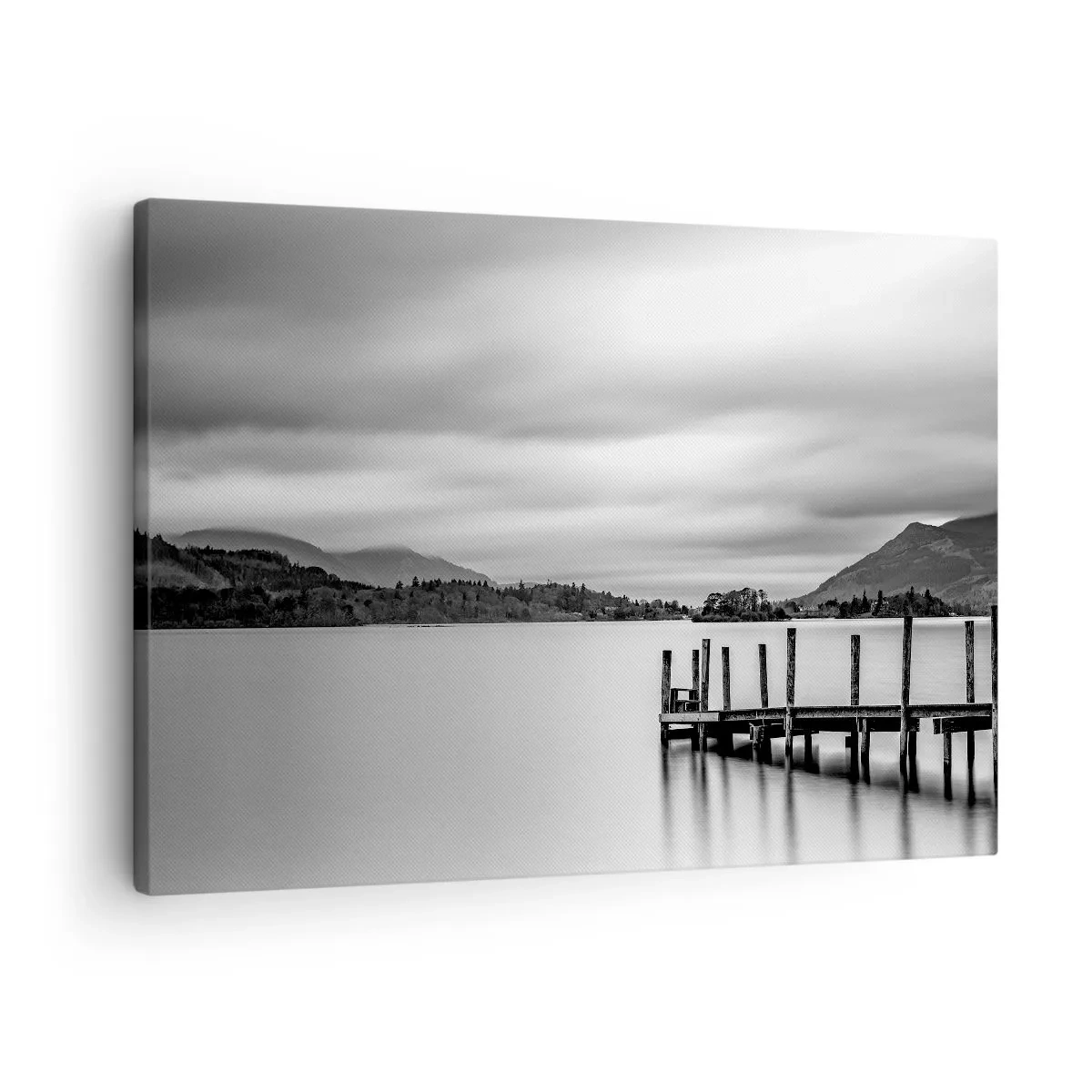 Obraz na plátně - Černobílá krajina s molem nad jezerem - 70x50cm - Jemnost a síla - Moderní nástěnná dekorace do obývacího pokoje a ložnice ARTTOR
