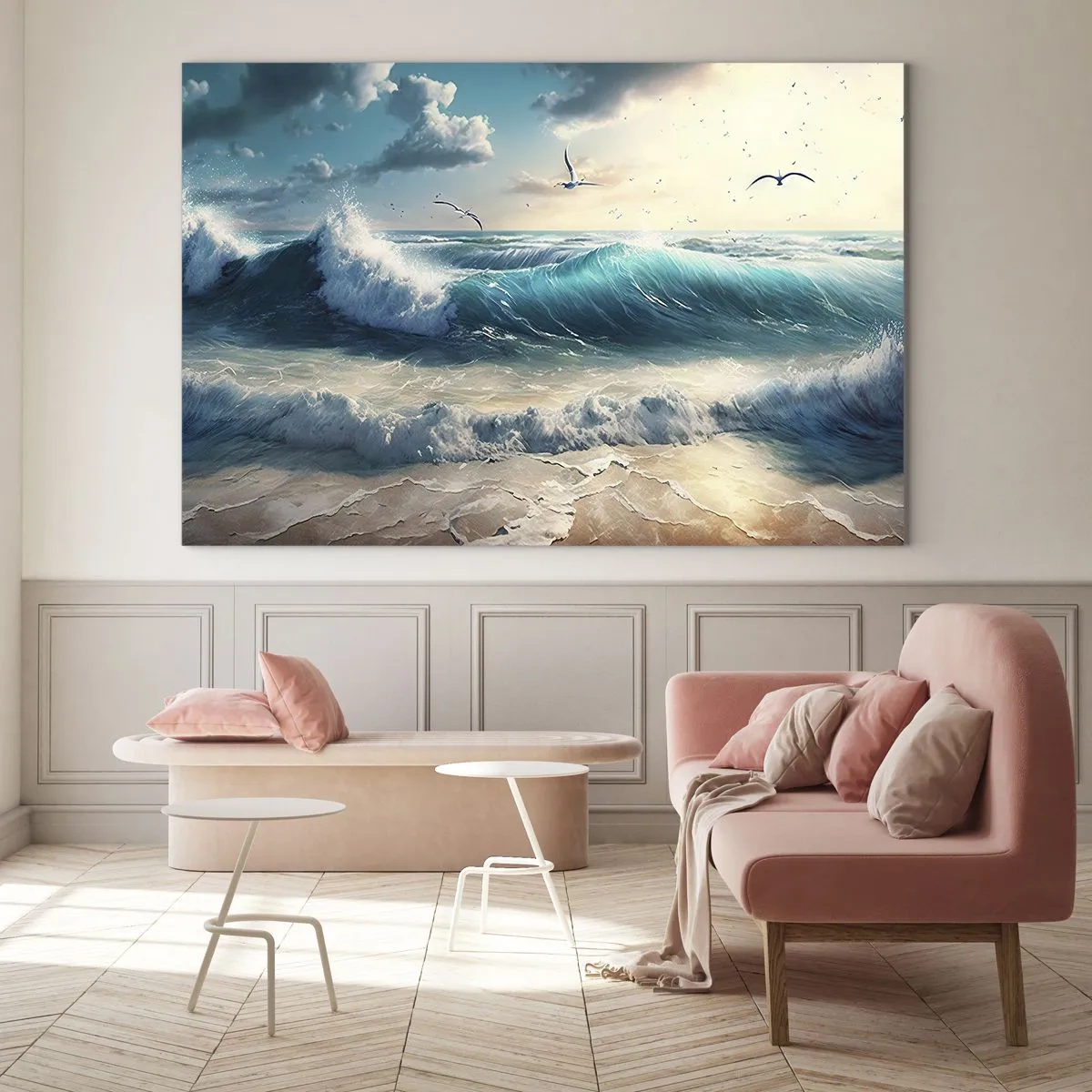 Obraz na skle - Vlny tříštící se o břeh v ranním světle - 70x50cm - Šustění jen pro tebe - Moderní nástěnná dekorace do obývacího pokoje a ložnice ARTTOR