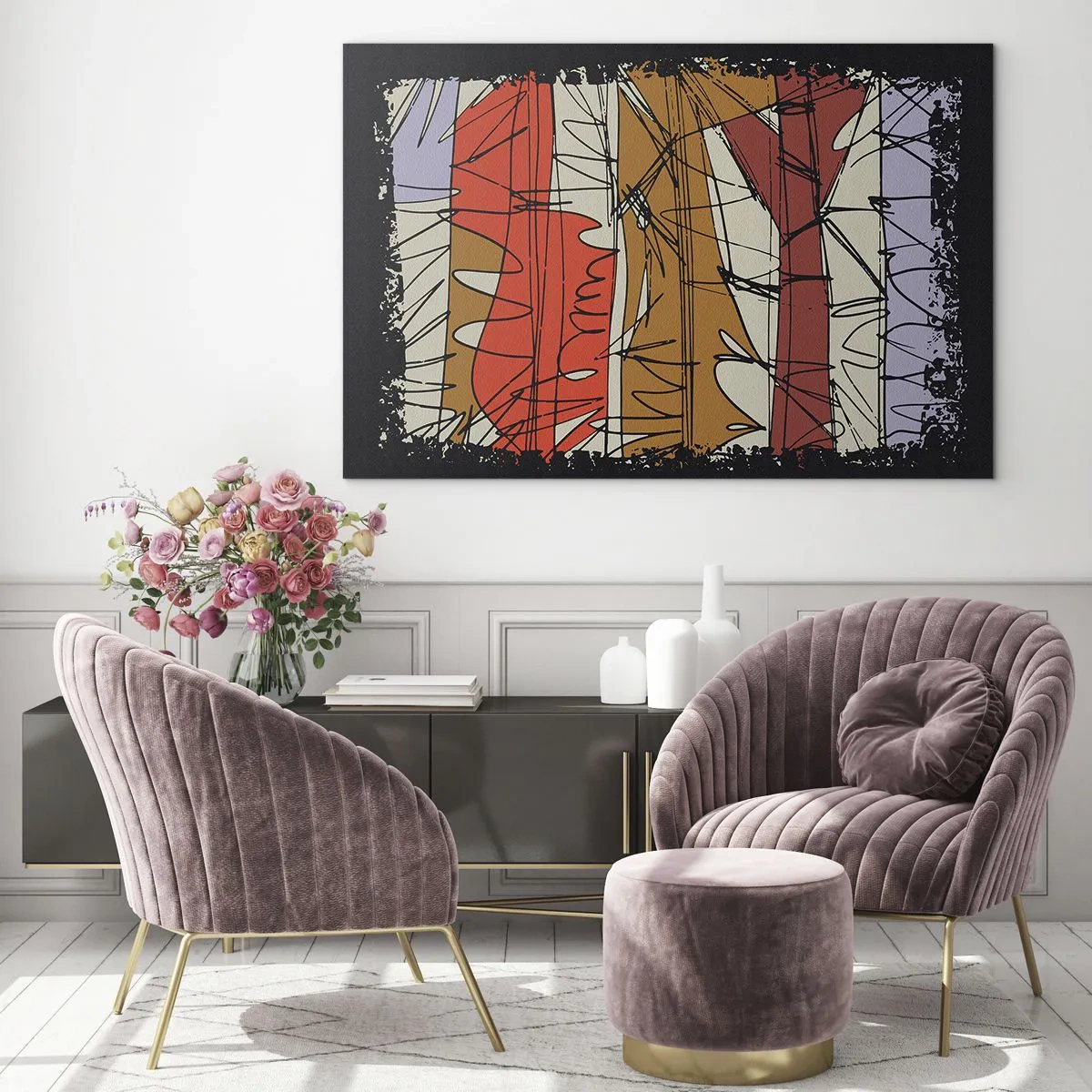 Obraz na skle - Grafická abstrakce s barevnými pruhy a černými čarami - 70x50cm - Spontánní kompozice - Moderní nástěnná dekorace do obývacího pokoje a ložnice ARTTOR