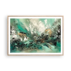 Plakát v rámu světlý dub - Smaragdově černé vlnobití - 100x70 cm