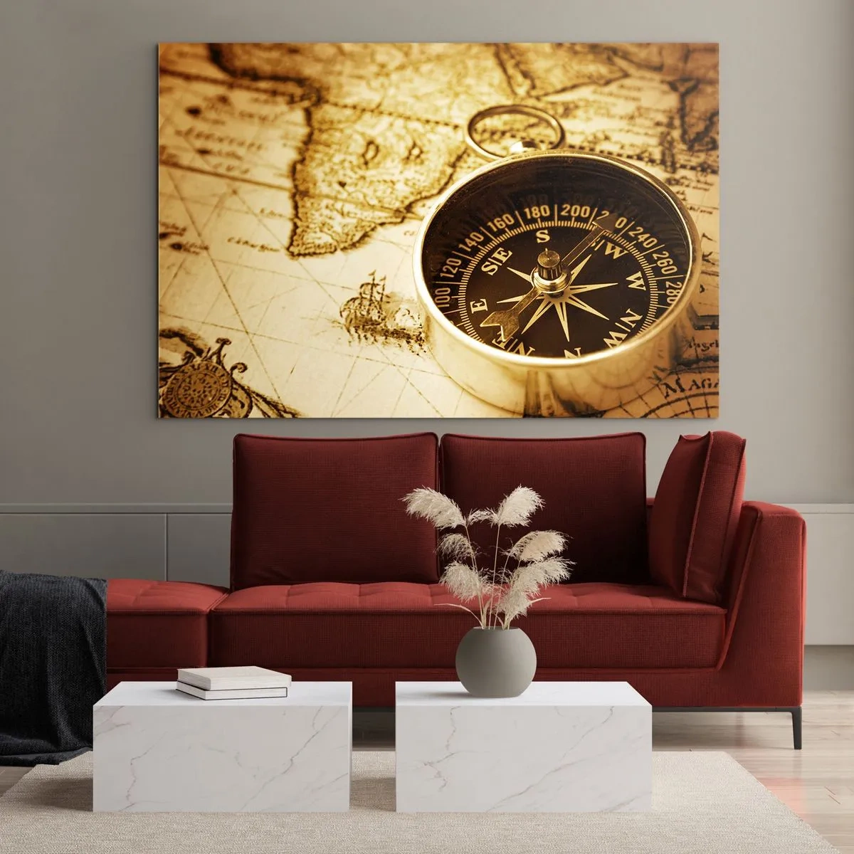 Obraz na skle - Zlatý kompas na pozadí staré mapy - 70x50cm - Na východ nebo na západ? - Moderní nástěnná dekorace do obývacího pokoje a ložnice ARTTOR