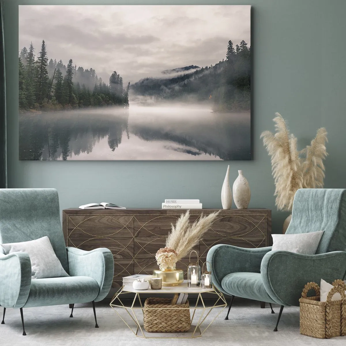 Obraz na plátně - Mlžný les se odráží v klidném jezeře - 70x50cm - V zamyšlení, v mlze - Moderní nástěnná dekorace do obývacího pokoje a ložnice ARTTOR