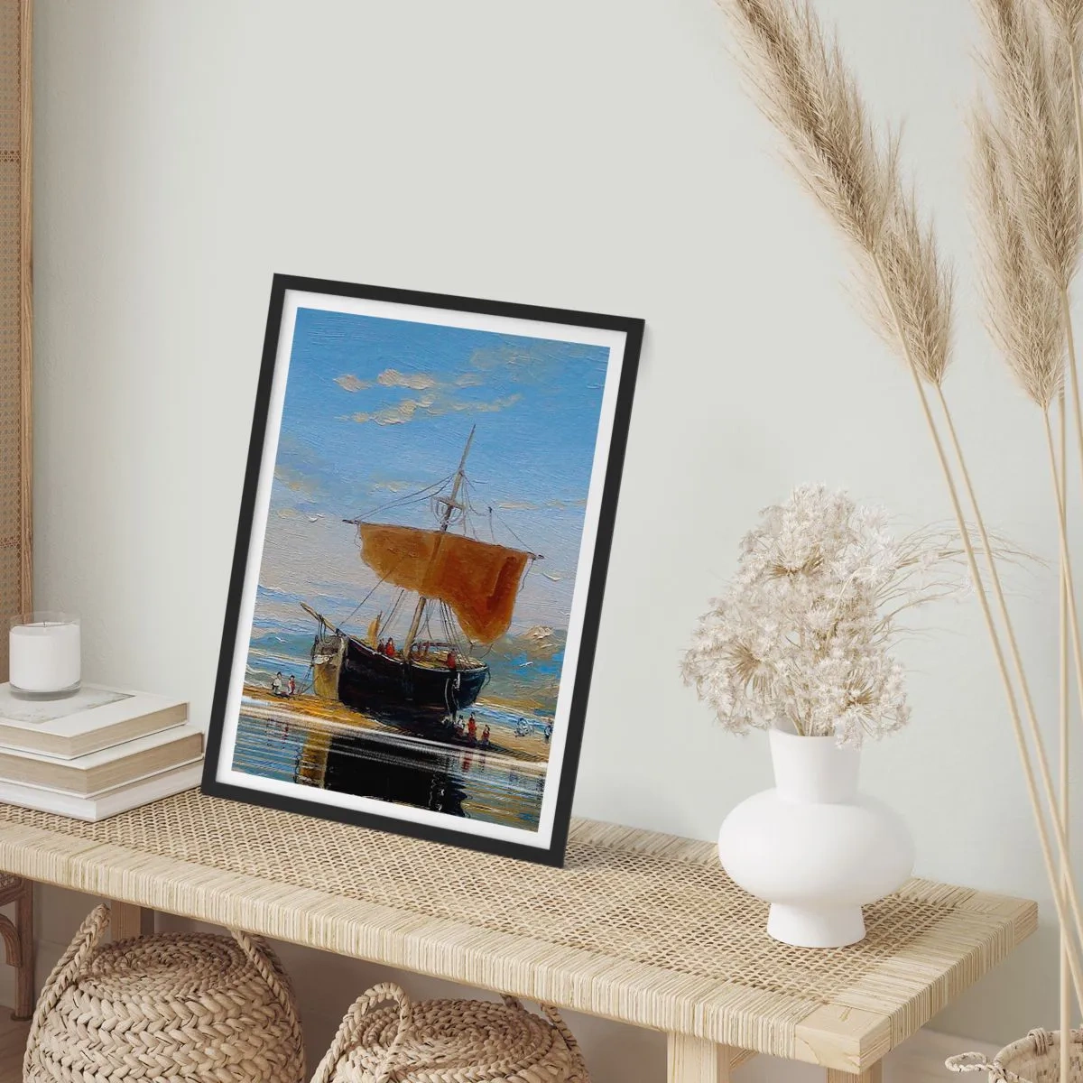 Plakát v černém rámu - Tradiční plachetnice na břehu s odrazem ve vodě - 50x70cm - Voda, země, vzduch - Moderní nástěnná dekorace do obývacího pokoje a ložnice ARTTOR
