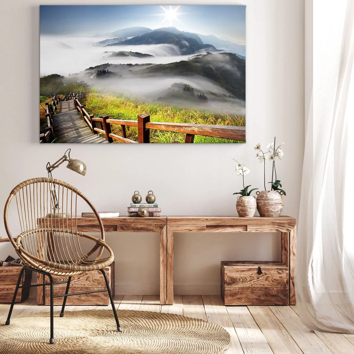 Obraz na plátně - Dřevěná cesta mezi mlhavými horami ráno - 70x50cm - Utkané ze záře a mlhy - Moderní nástěnná dekorace do obývacího pokoje a ložnice ARTTOR