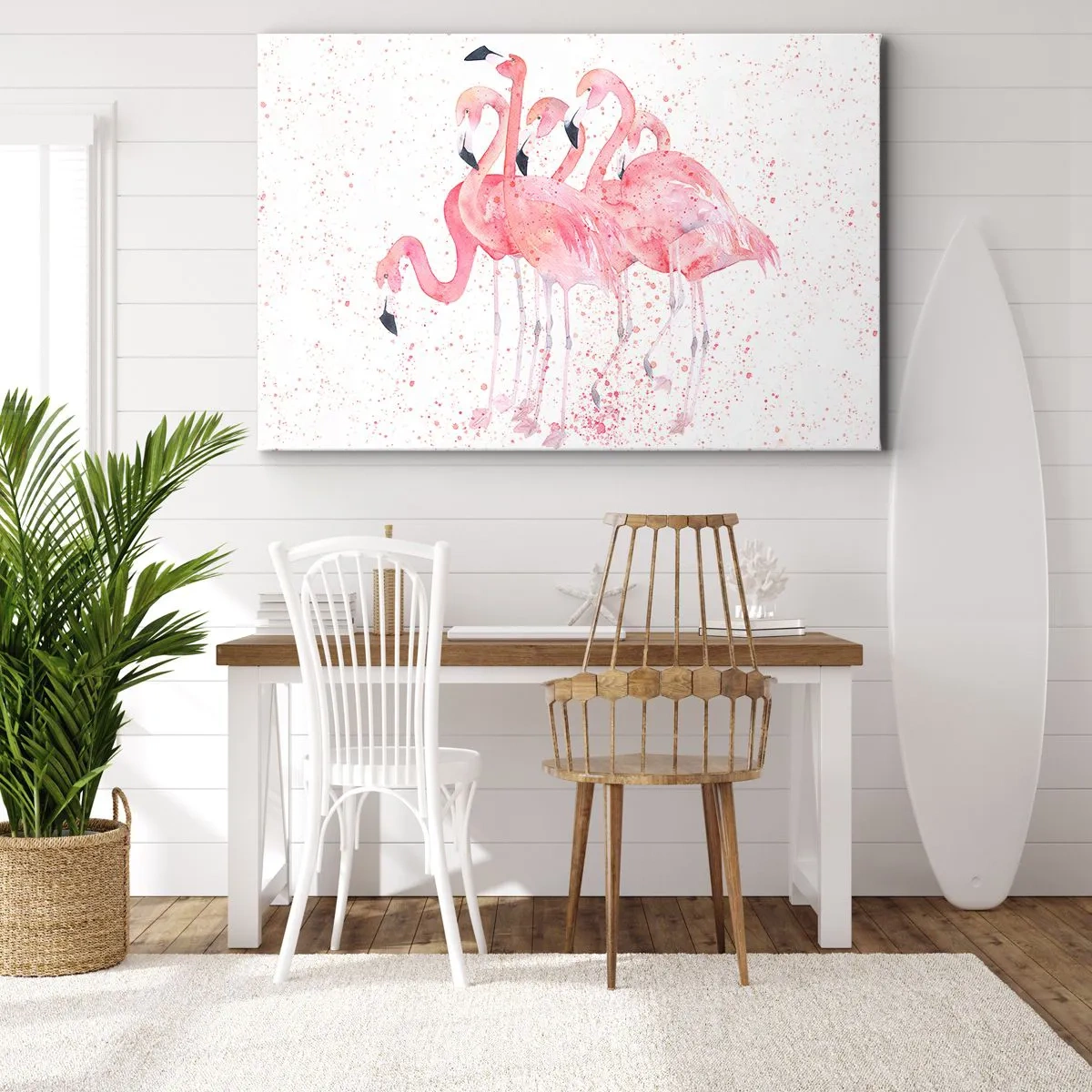 Obraz na plátně - Růžoví plameňáci v uměleckém stylu akvarelu - 70x50cm - Růžový ansámbl - Moderní nástěnná dekorace do obývacího pokoje a ložnice ARTTOR