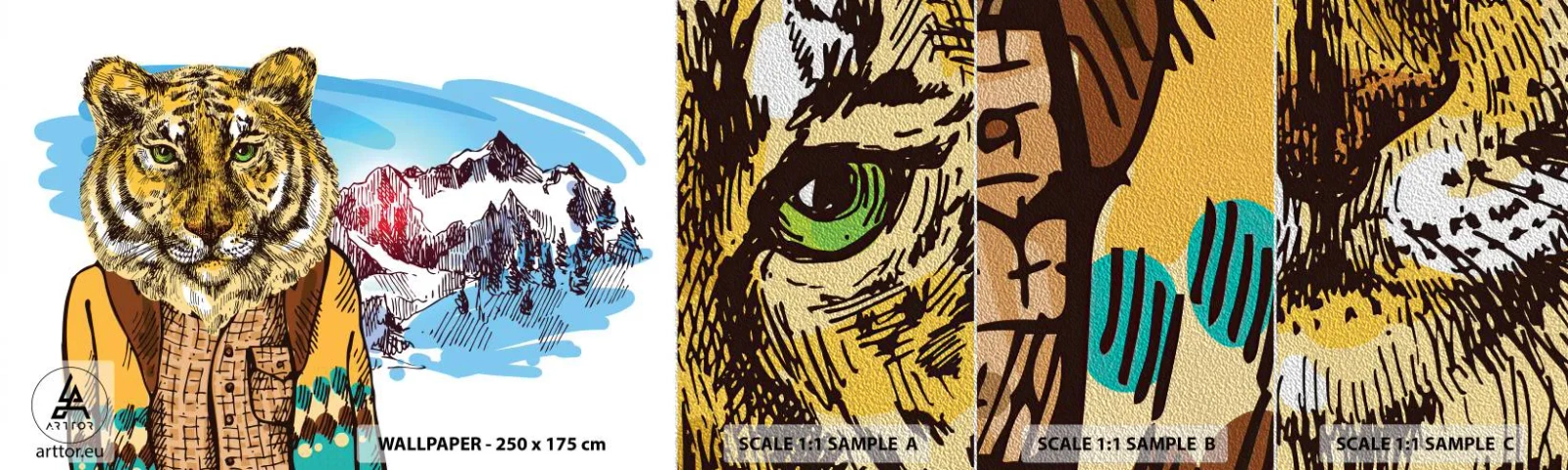 Vzor Fototapety Premium Sand - Není tak divoký jak ho kreslí - Abstrakce, Tygr, hory - 100x30 cm
