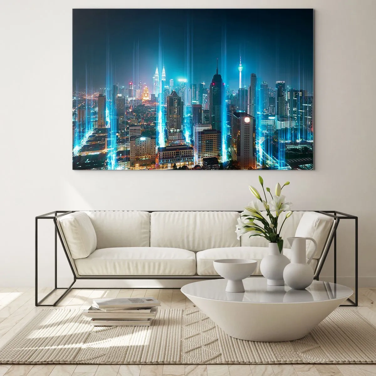 Obraz na skle - Noční město s vysokými budovami a světelnými pruhy - 70x50cm - Berlinským způsobem do nebe - Moderní nástěnná dekorace do obývacího pokoje a ložnice ARTTOR