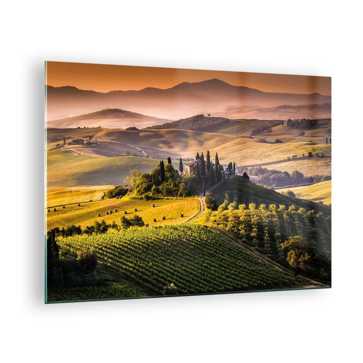 Obraz na skle - Toskánská krajina při východu slunce - 70x50cm - Arkádie - toskánská krajina - Moderní nástěnná dekorace do obývacího pokoje a ložnice ARTTOR