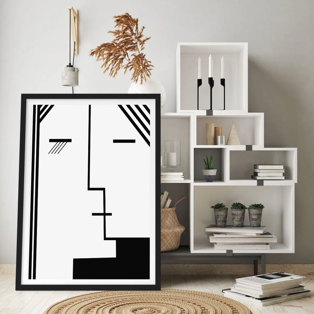 Plakát v černém rámu - Minimalistická, abstraktní tvář v černobílém stylu. - 50x70cm - Prostě polibek - Moderní nástěnná dekorace do obývacího pokoje a ložnice ARTTOR