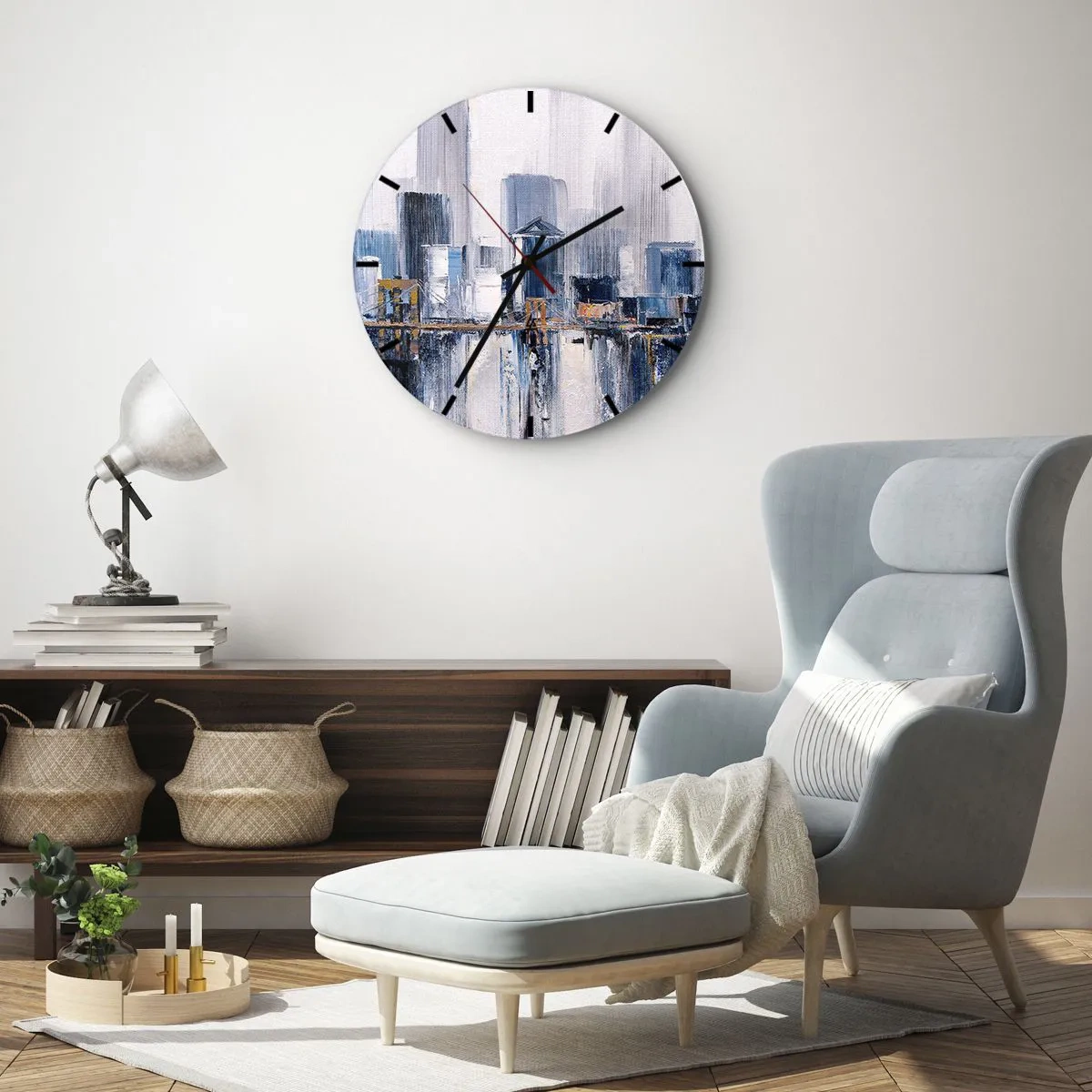 Nástěnné hodiny - Impresionistické panorama města s mrakodrapy a mostem - 30x30cm - Newyorská imprese - Moderní nástěnná dekorace do obývacího pokoje, kuchyně a ložnice ARTTOR