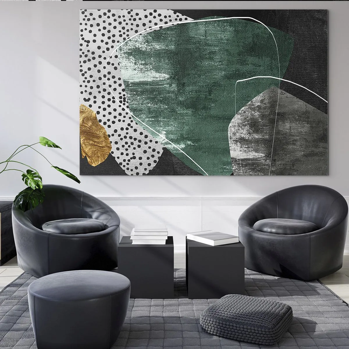 Obraz na skle - Zelené formy s černým pozadím a zlatým akcentem - 70x50cm - Barevná abstrakce se zlatou vločkou - Moderní nástěnná dekorace do obývacího pokoje a ložnice ARTTOR