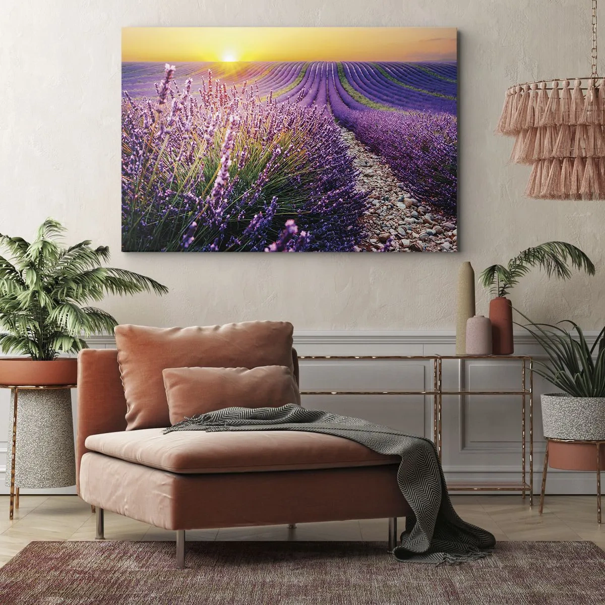 Obraz na plátně - Levandulové pole při západu slunce - 70x50cm - Voňavý lán - Moderní nástěnná dekorace do obývacího pokoje a ložnice ARTTOR