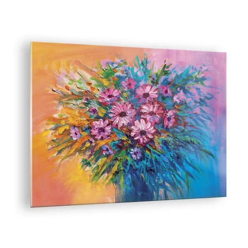 Obraz na skle - Kytice růžových květin v umělecké, barevné kompozici - 70x50cm - Energie života - Moderní nástěnná dekorace do obývacího pokoje a ložnice ARTTOR