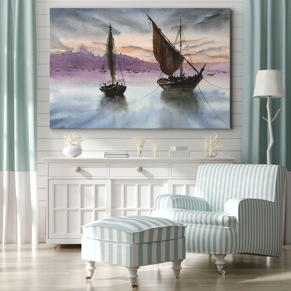 Obraz na plátně - Dvě plachetnice kotvící na klidné vodě za soumraku - 70x50cm - Večer v přístavu - Moderní nástěnná dekorace do obývacího pokoje a ložnice ARTTOR