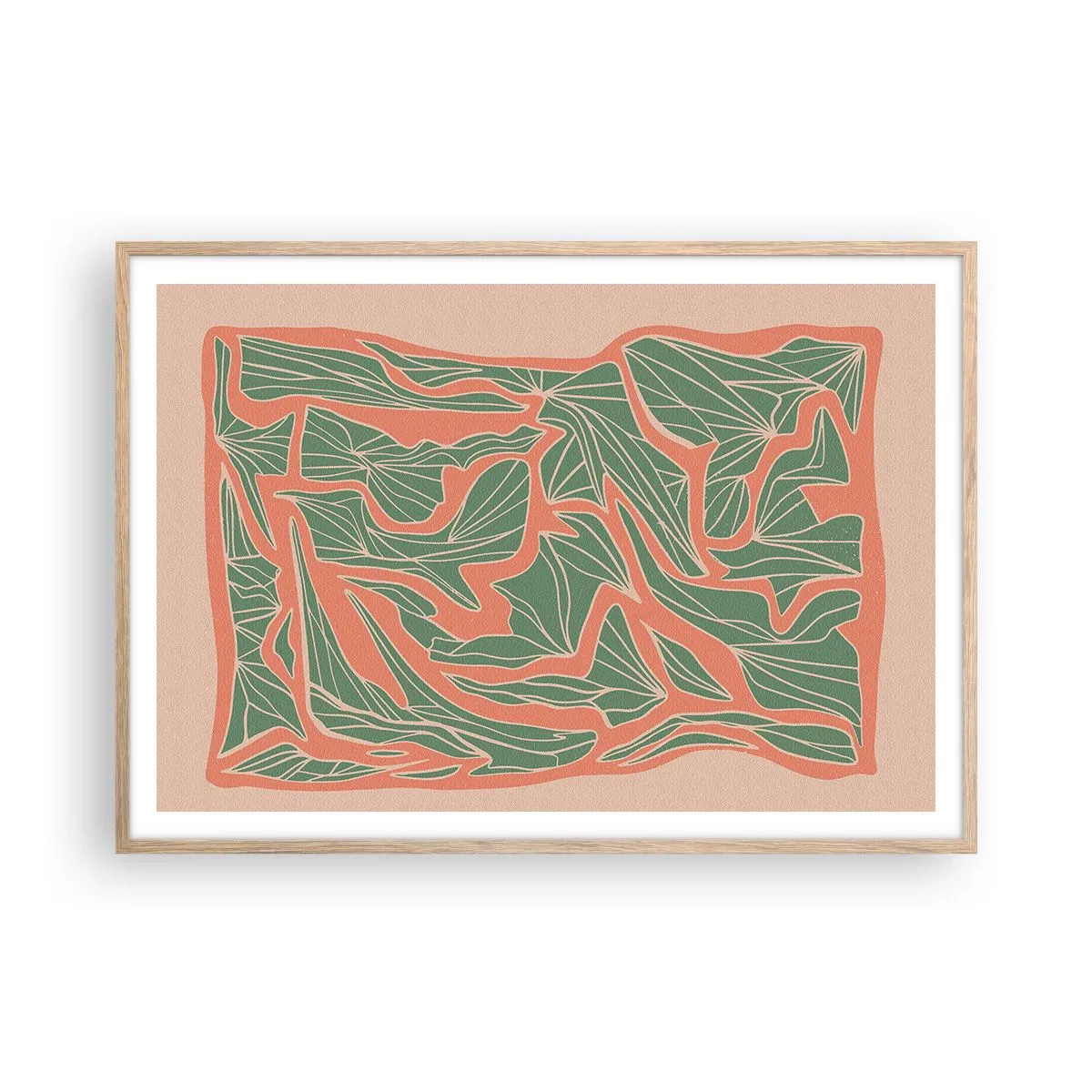 Plakát v rámu světlý dub - Souboj korálů a zeleně - 100x70 cm