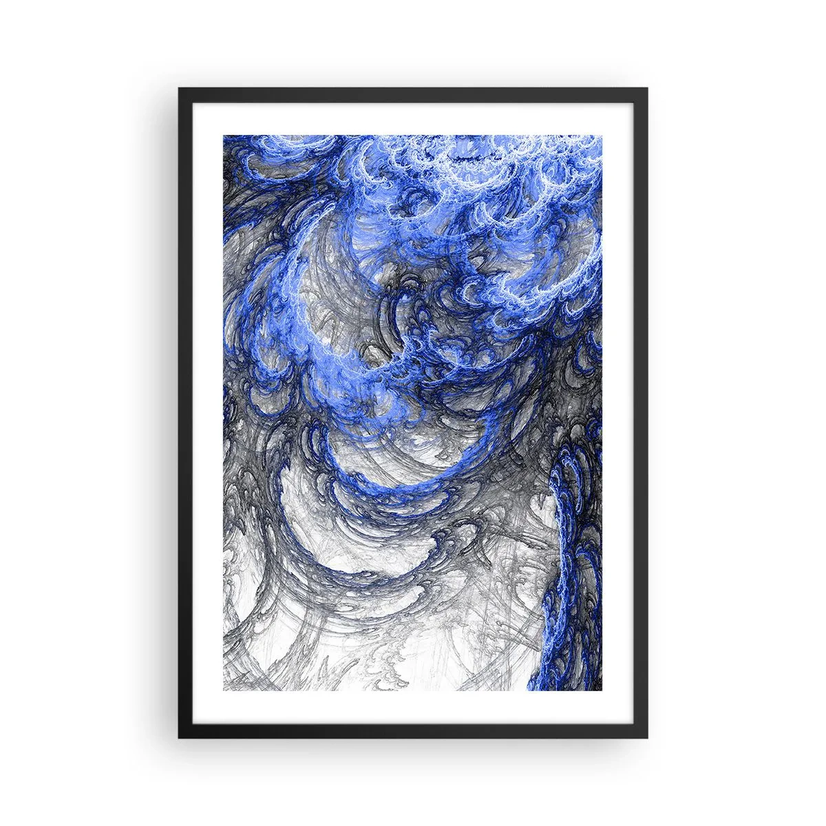 Plakát v černém rámu - Abstraktní vlny v odstínech modré a šedé - 50x70cm - Zrod vlny - Moderní nástěnná dekorace do obývacího pokoje a ložnice ARTTOR