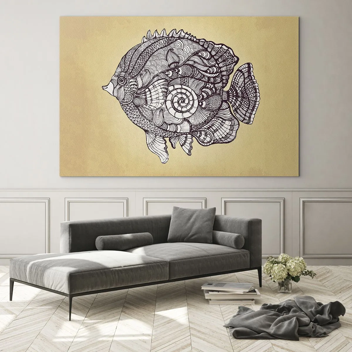 Obraz na skle - Kreslená ryba s ornamenty na béžovém pozadí - 70x50cm - Z oceánu ornamentů - Moderní nástěnná dekorace do obývacího pokoje a ložnice ARTTOR