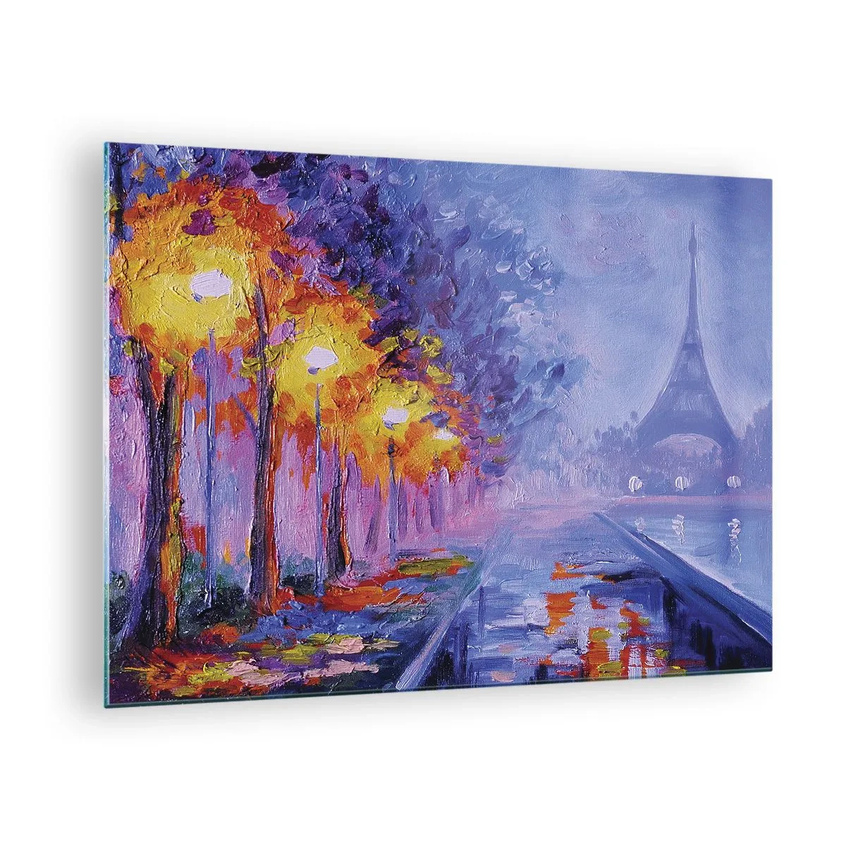 Obraz na skle - Večerní procházka Paříží s Eiffelovou věží - 70x50cm - Procházka snů - Moderní nástěnná dekorace do obývacího pokoje a ložnice ARTTOR