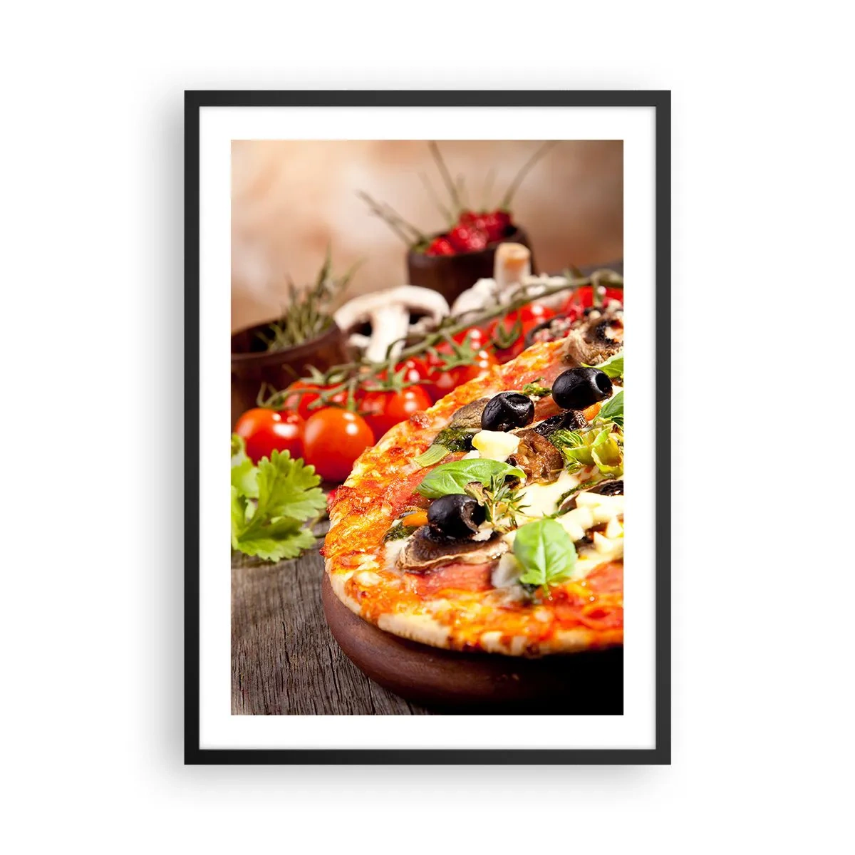 Plakát v černém rámu - Pizza s olivami a bylinkami z čerstvých surovin - 50x70cm - Z telurických složek - Moderní nástěnná dekorace do obývacího pokoje a ložnice ARTTOR
