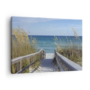 Obraz na plátně - Cesta k pláži s výhledem na moře - 70x50cm - Na slunci, ve větru - Moderní nástěnná dekorace do obývacího pokoje a ložnice ARTTOR