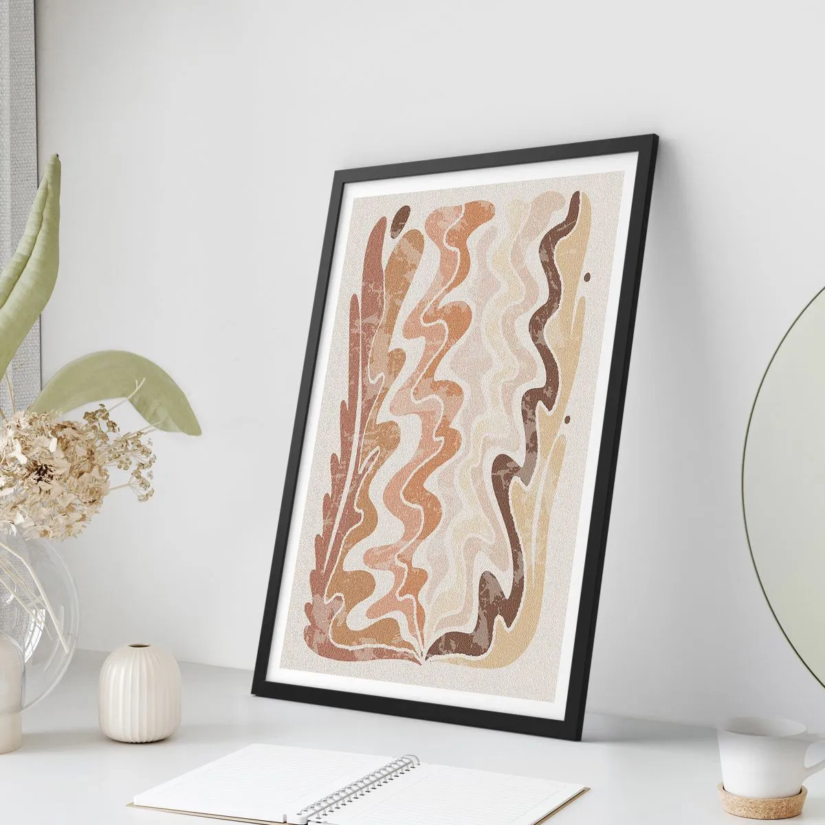 Plakát v černém rámu - Abstraktní kompozice v teplých odstínech béžové. - 50x70cm - Dobrá energie – dobré emoce - Moderní nástěnná dekorace do obývacího pokoje a ložnice ARTTOR