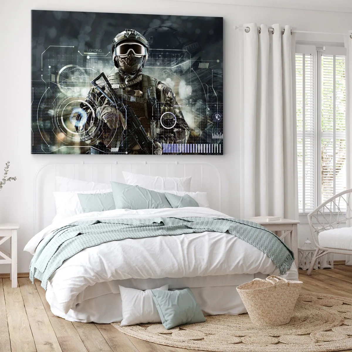 Obraz na plátně - Voják ve futuristické helmě s pistolí na pozadí technologií. - 70x50cm - Ještě větší síla - Moderní nástěnná dekorace do obývacího pokoje a ložnice ARTTOR