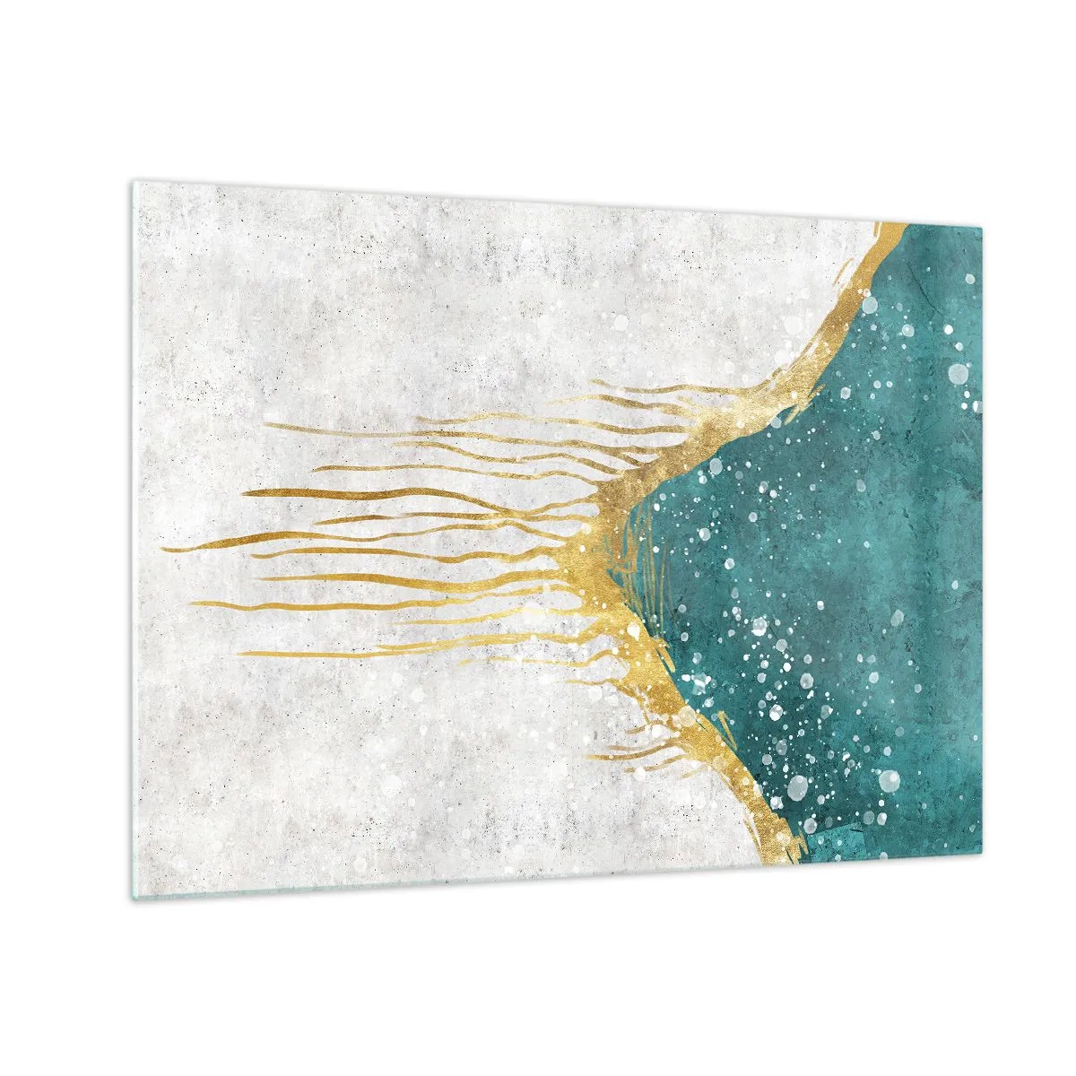 Obraz na skle - Abstraktní zlatý vzor na tyrkysově bílém pozadí - 70x50cm - Zlatý příliv - Moderní nástěnná dekorace do obývacího pokoje a ložnice ARTTOR