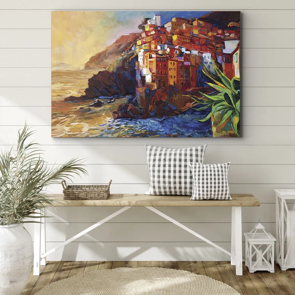 Obraz na plátně - Barevné domy na útesu nad mořem - 70x50cm - Italský nádech - Moderní nástěnná dekorace do obývacího pokoje a ložnice ARTTOR