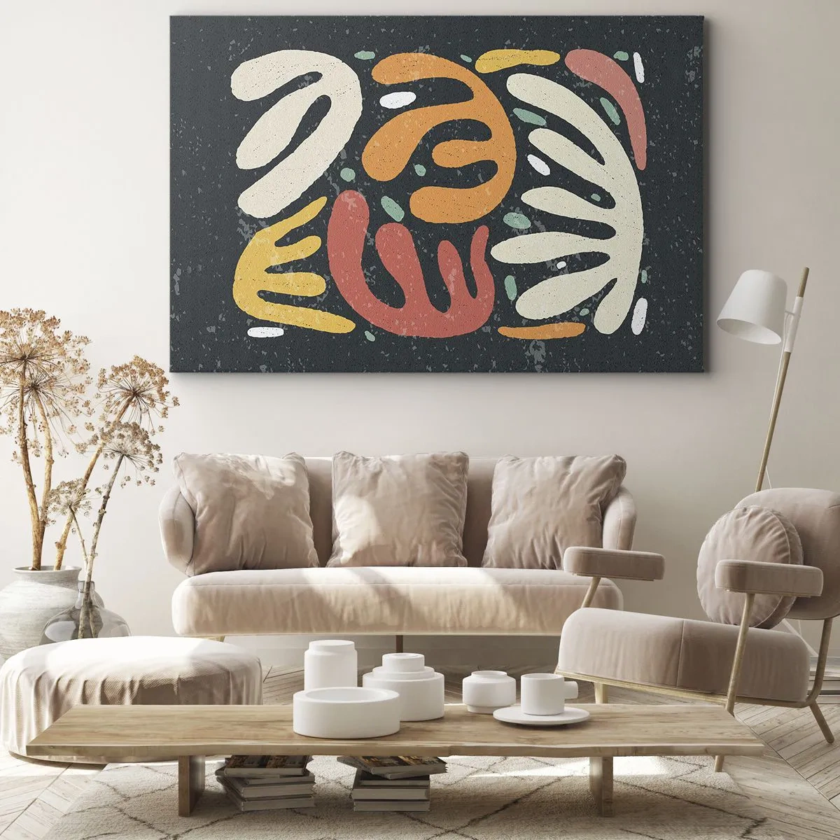 Obraz na plátně - Abstraktní tvary v teplých barvách na tmavém pozadí - 70x50cm - Kompozice – hned tě chytím - Moderní nástěnná dekorace do obývacího pokoje a ložnice ARTTOR