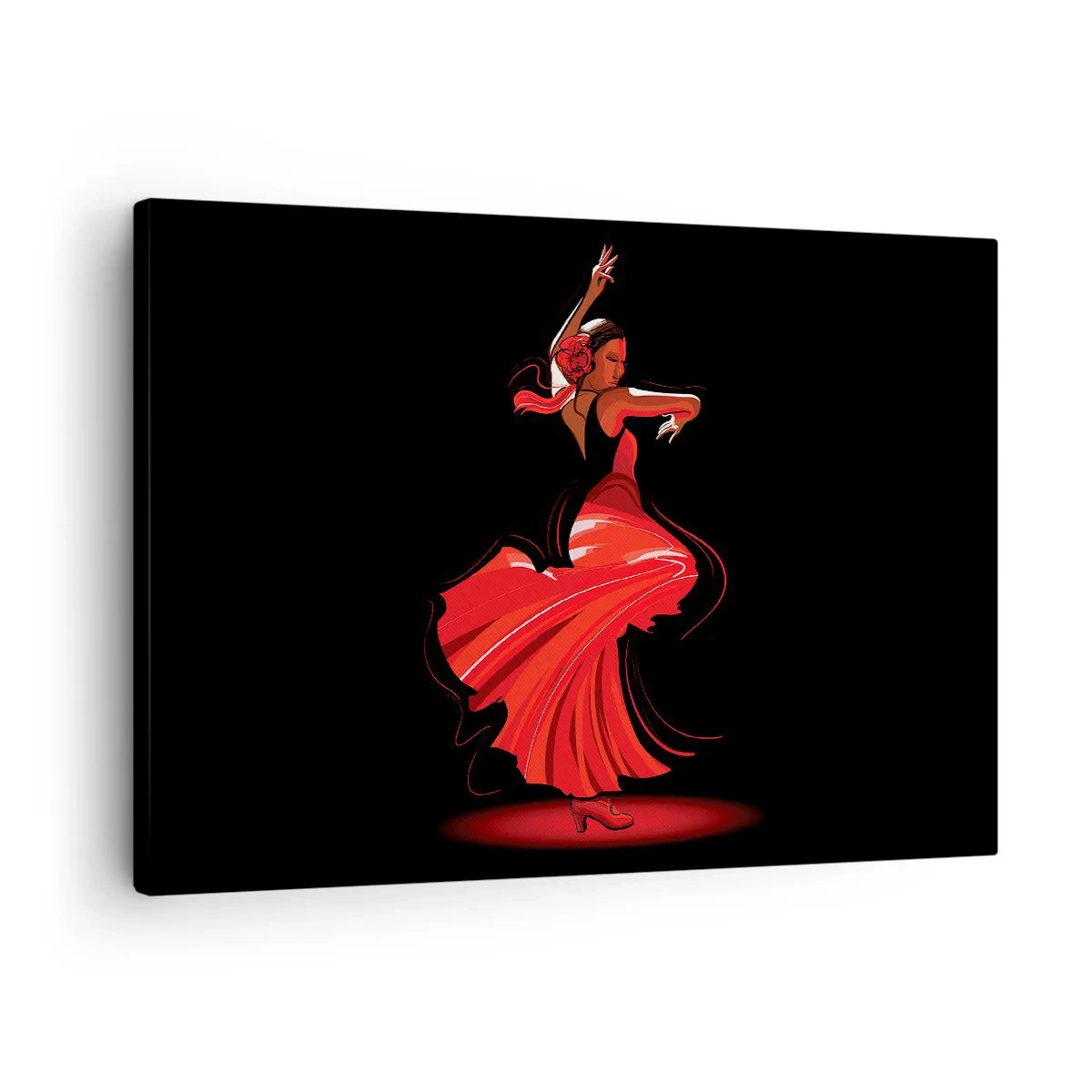 Obraz na plátně - Flamenco tanečnice v červených šatech na černém pozadí - 70x50cm - Žhavá duše flamenco - Moderní nástěnná dekorace do obývacího pokoje a ložnice ARTTOR