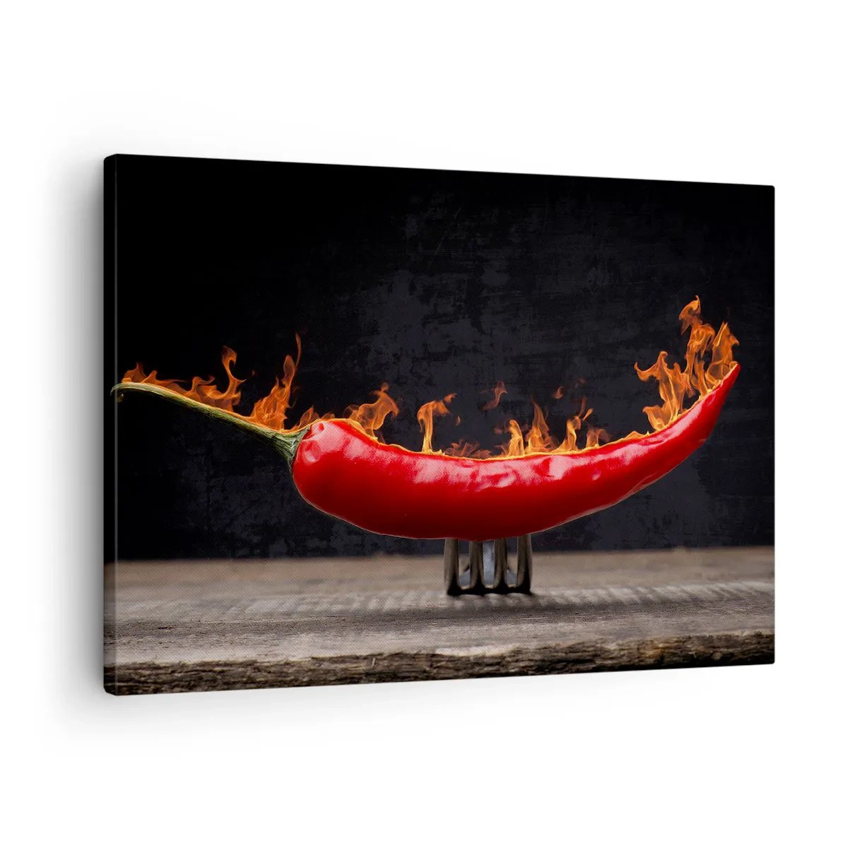 Obraz na plátně - Hořící červená paprika na vidličku - 70x50cm - Ohnivý předkrm - Moderní nástěnná dekorace do obývacího pokoje a ložnice ARTTOR