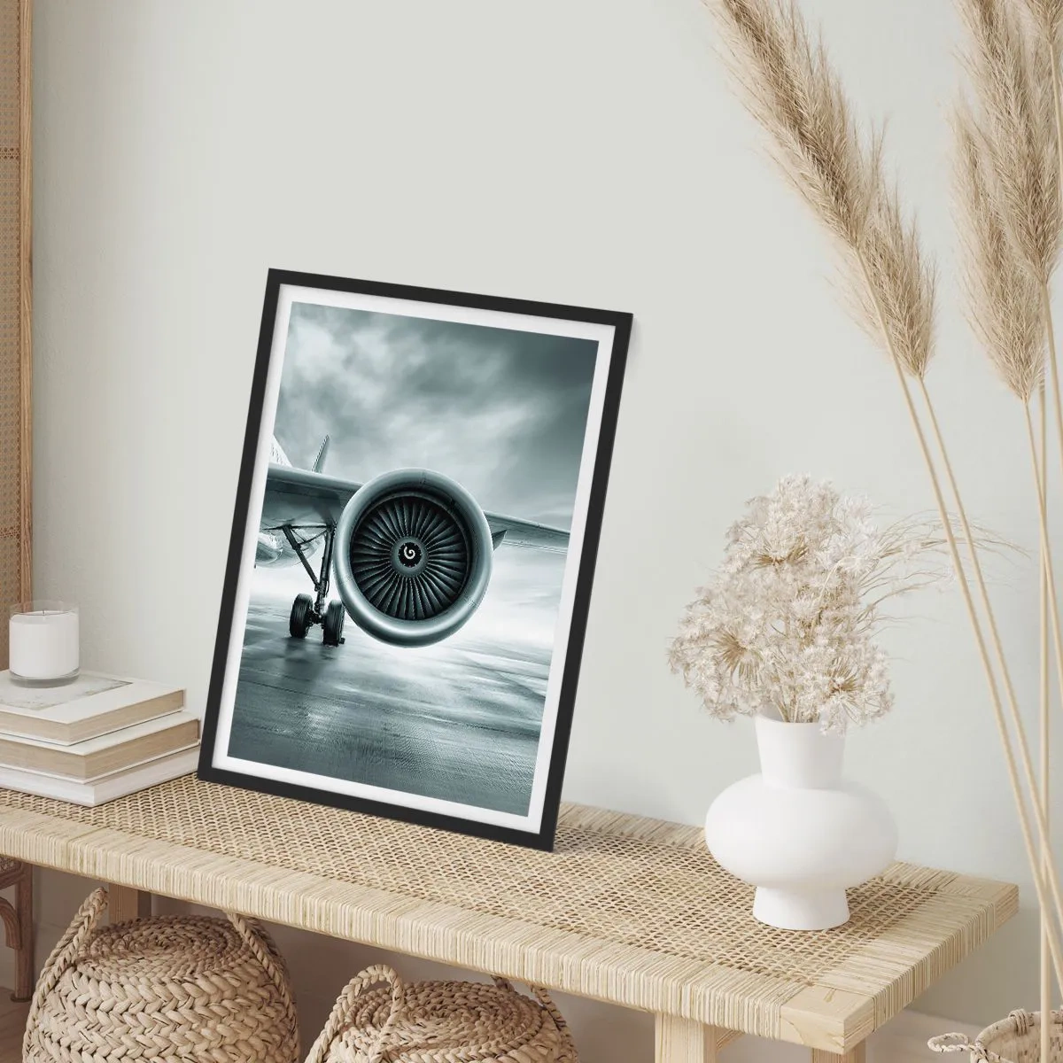 Plakát v černém rámu - Tryskový motor letadla v monochromatických tónech - 50x70cm - Toto je síla! - Moderní nástěnná dekorace do obývacího pokoje a ložnice ARTTOR