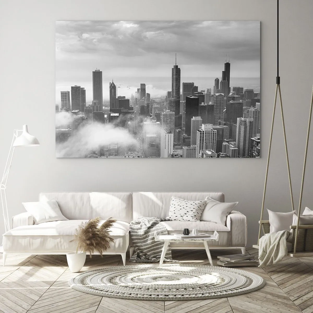 Obraz na skle - Panorama města s mrakodrapy v černé a bílé - 70x50cm - Americká krajina - Moderní nástěnná dekorace do obývacího pokoje a ložnice ARTTOR