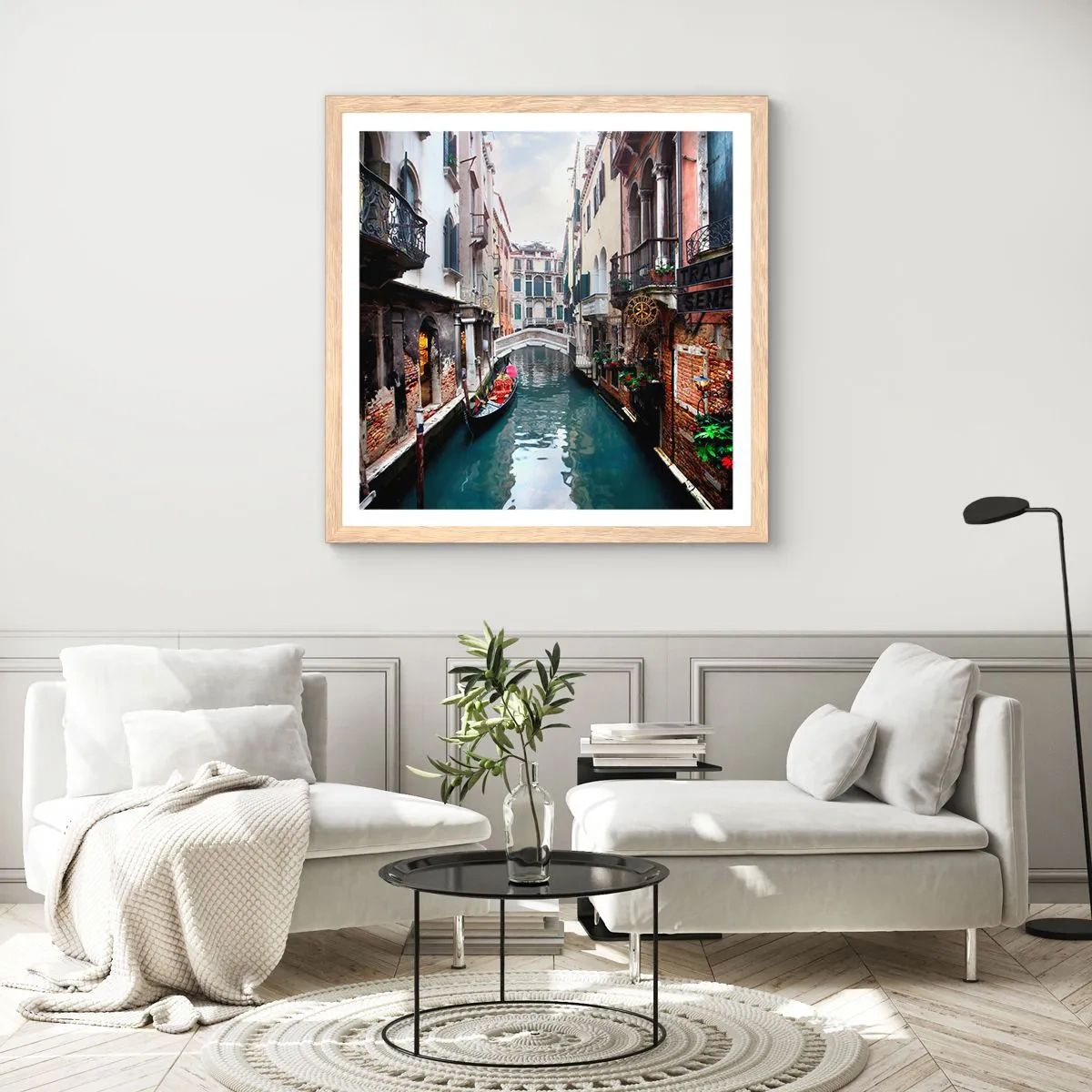 Plakát v rámu světlý dub - Benátská krajina s gondolou a můstkem - 40x40 cm