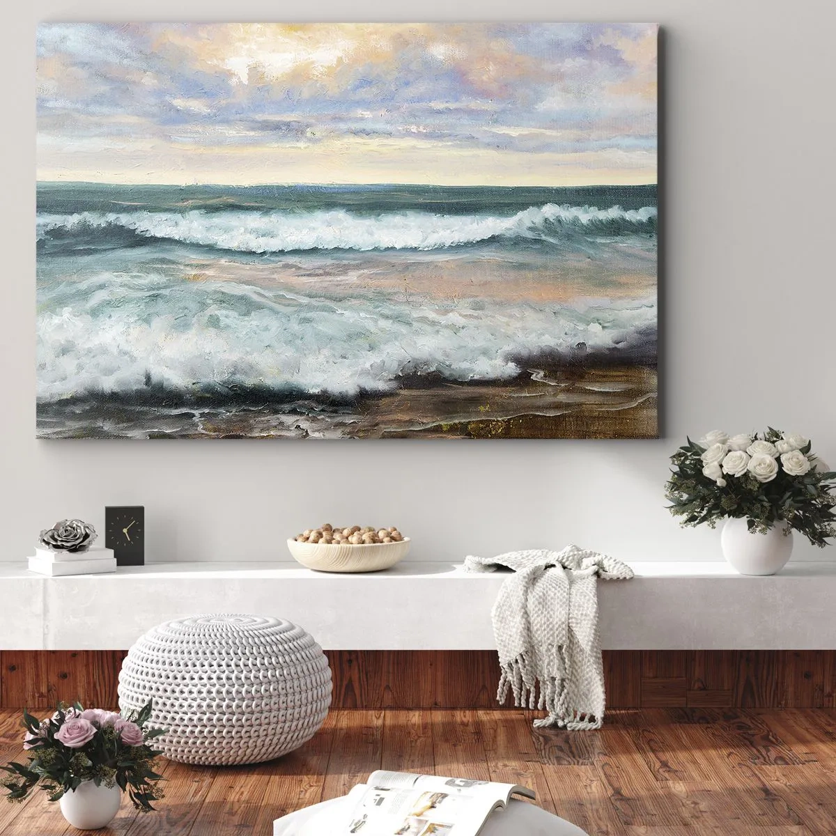 Obraz na plátně - Mořské vlny proti zatažené obloze při západu slunce - 70x50cm - Tady uhladíš duši - Moderní nástěnná dekorace do obývacího pokoje a ložnice ARTTOR