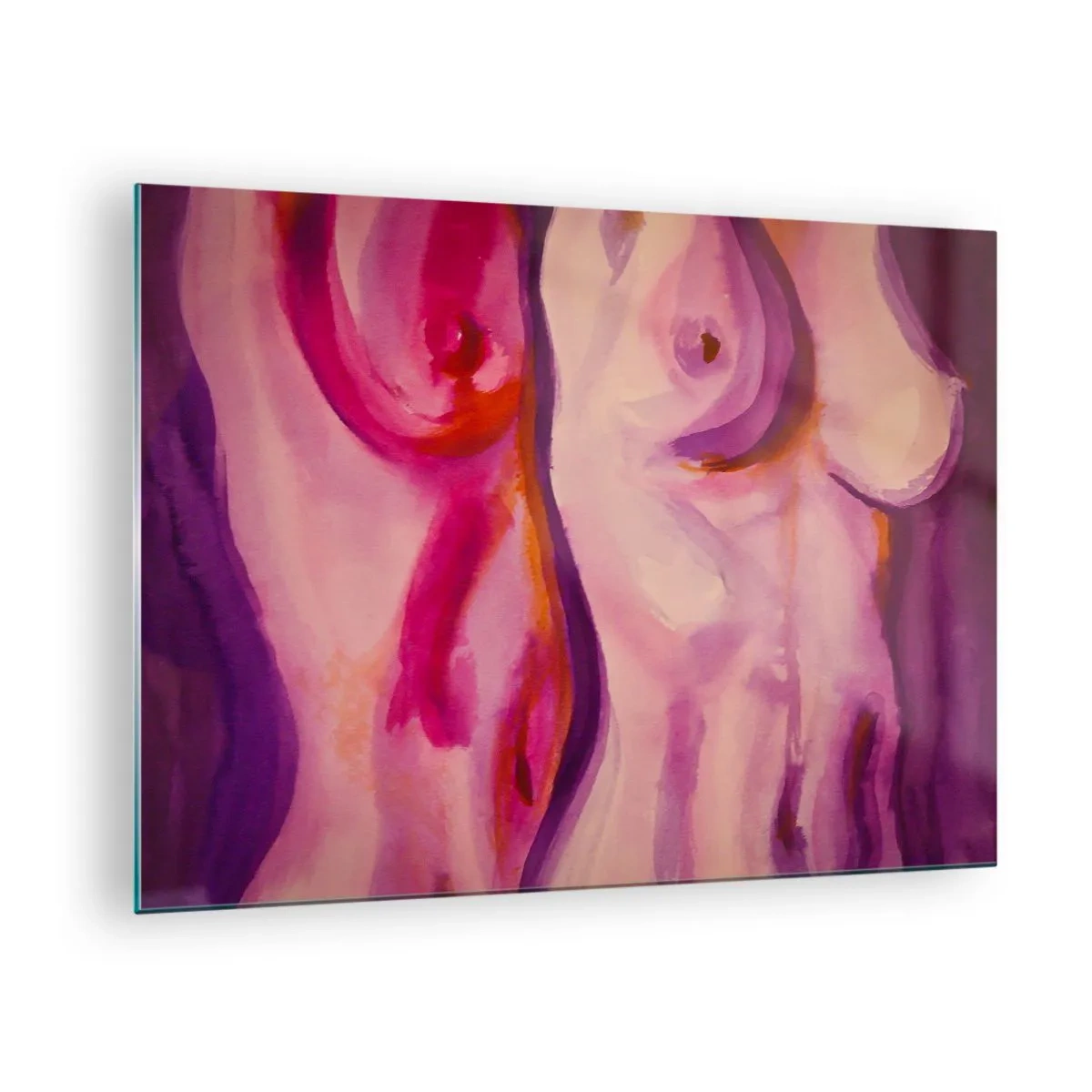 Obraz na skle - Umělecká interpretace ženských siluet v odstínech růžové a fialové. - 70x50cm - Óda na ženskost - Moderní nástěnná dekorace do obývacího pokoje a ložnice ARTTOR