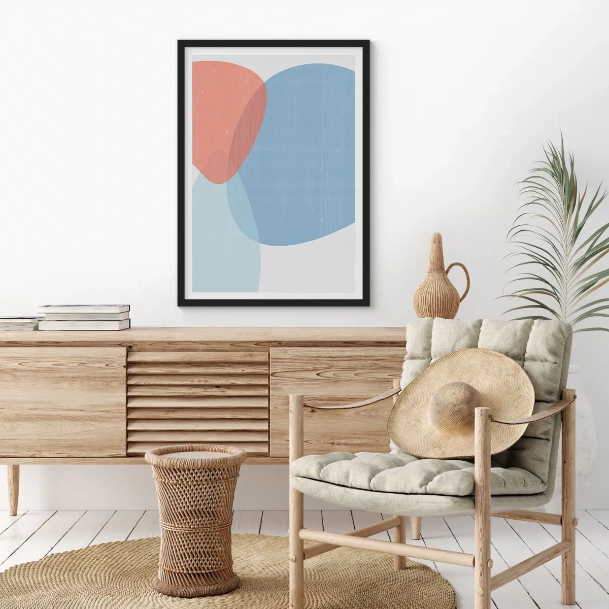Plakát v černém rámu - Abstraktní tvary v modrých a béžových odstínech - 50x70cm - Pastelové vztahy - Moderní nástěnná dekorace do obývacího pokoje a ložnice ARTTOR