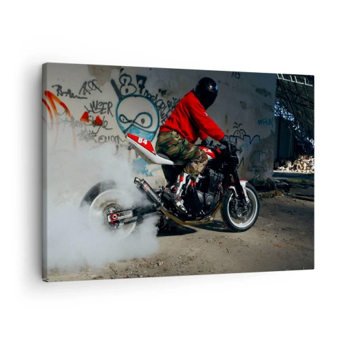 Obraz na plátně - Motocyklista předvádí velkolepý drift v opuštěné budově pokryté graffiti. - 70x50cm - Chyť mě! - Moderní nástěnná dekorace do obývacího pokoje a ložnice ARTTOR