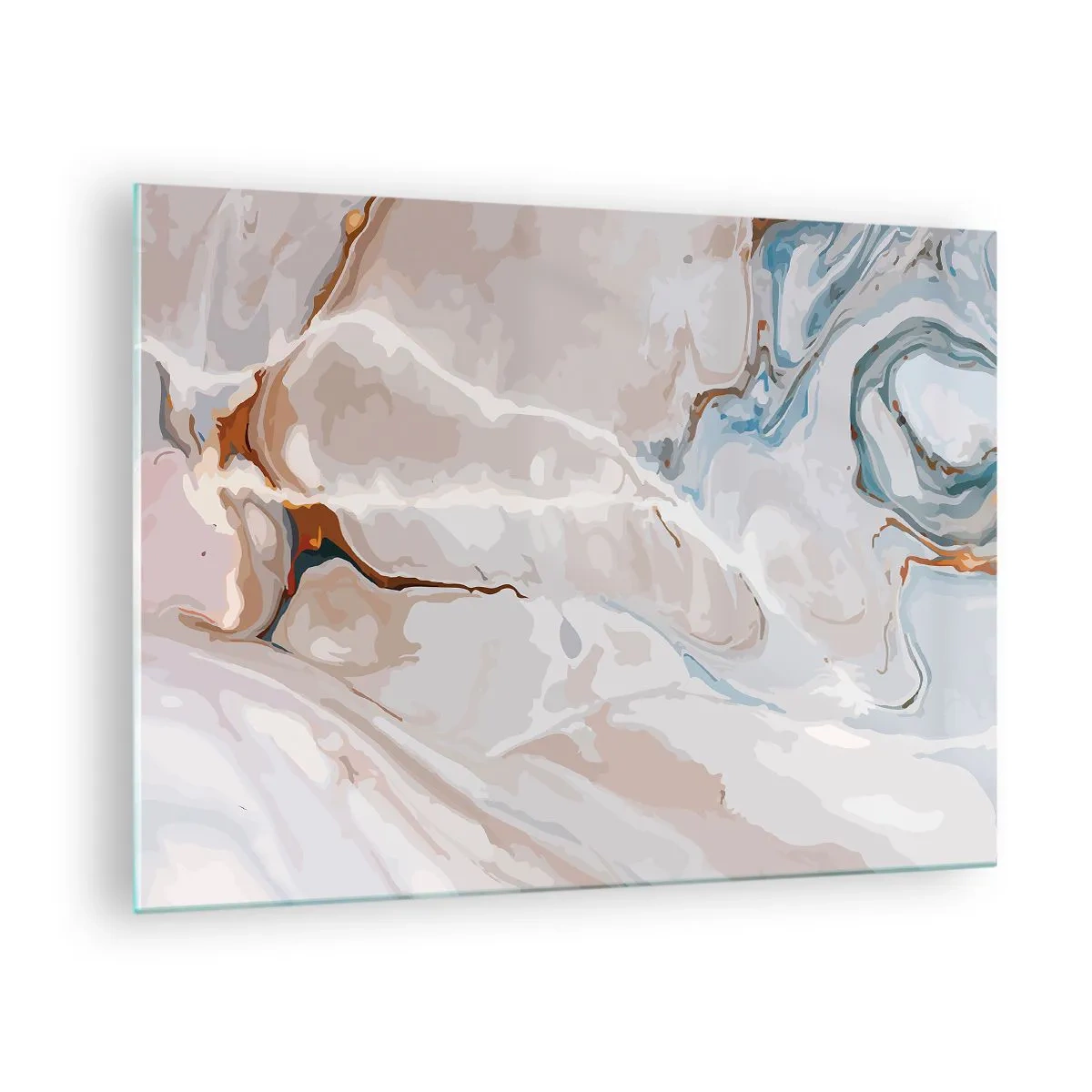 Obraz na skle - Umělecký vzor v neutrálních tónech s akcenty modré - 70x50cm - Modré meandry pod bílou - Moderní nástěnná dekorace do obývacího pokoje a ložnice ARTTOR