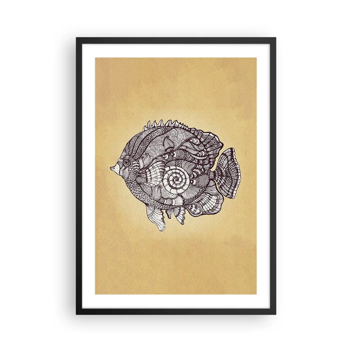 Plakát v černém rámu - Umělecká ryba ve stylu mandaly na béžovém pozadí - 50x70cm - Z oceánu ornamentů - Moderní nástěnná dekorace do obývacího pokoje a ložnice ARTTOR