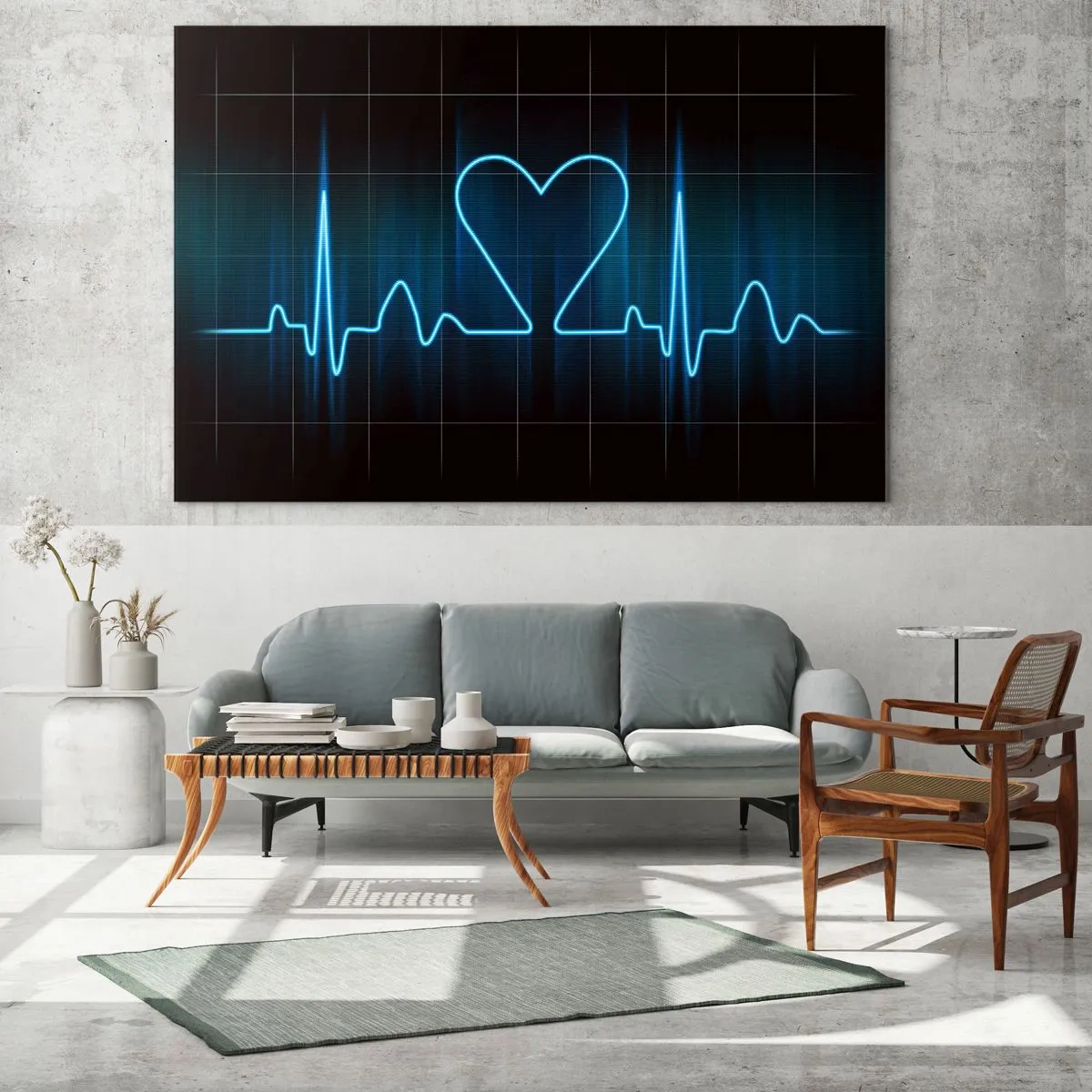 Obraz na skle - Záchranné lano se srdcem na tmavém pozadí v modrém světle - 70x50cm - V rytmu srdce - Moderní nástěnná dekorace do obývacího pokoje a ložnice ARTTOR