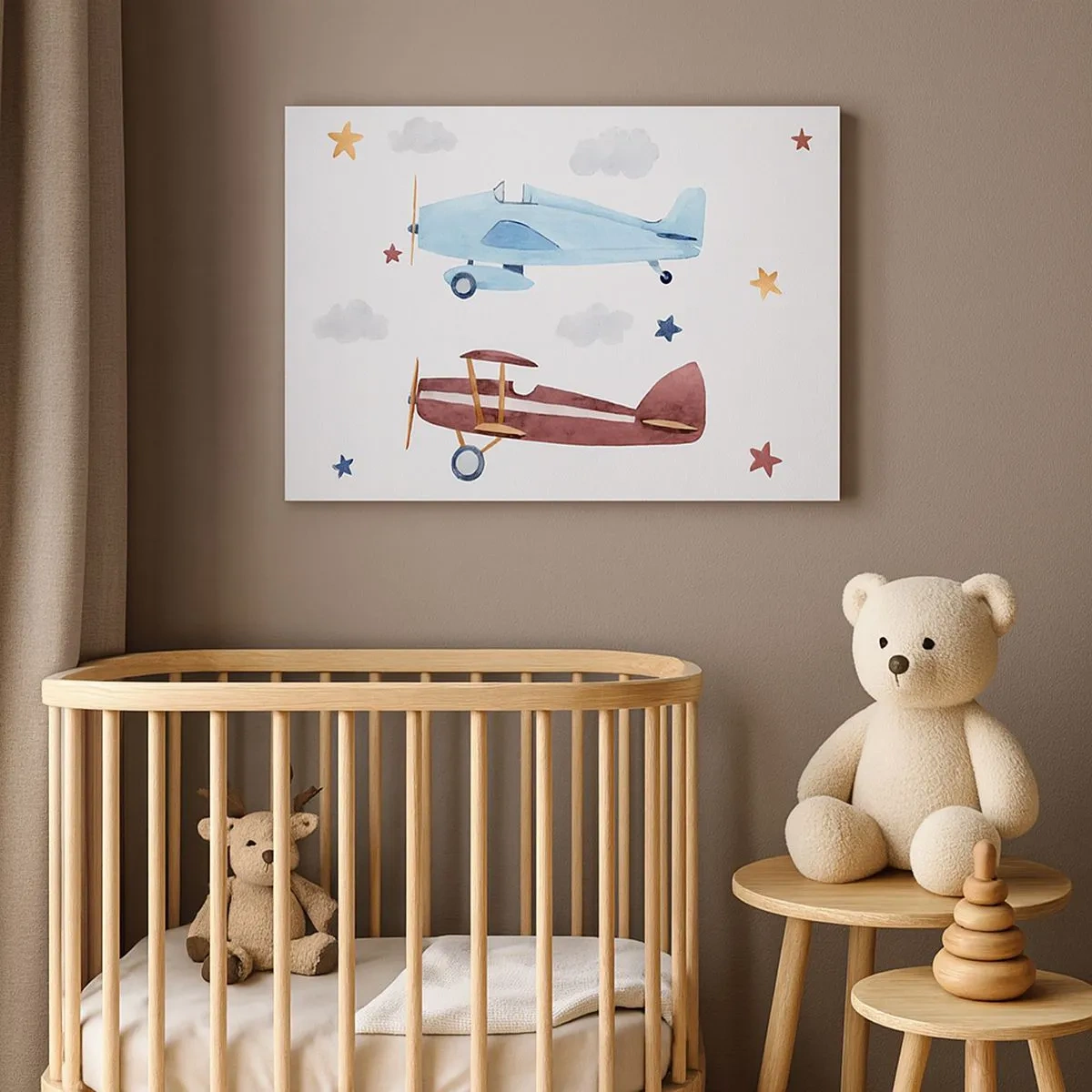 Obraz na plátně - Ručně malovaná letadla na pozadí mraků a hvězd - 70x50cm - Pane pilote, čekáme! - Moderní nástěnná dekorace do obývacího pokoje a ložnice ARTTOR