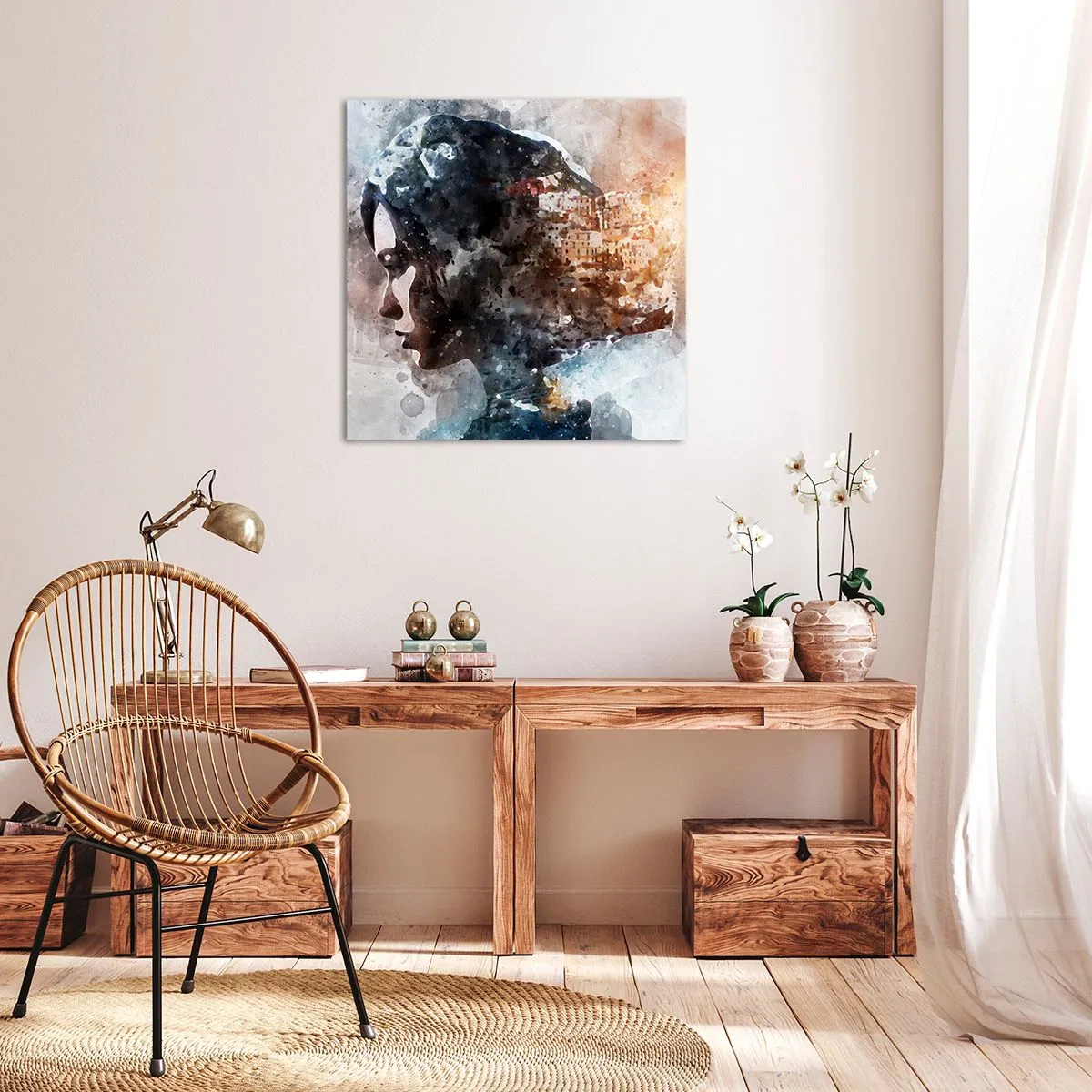 Obraz na plátně - Příběh o dívce s městem v pozadí - 60x60 cm