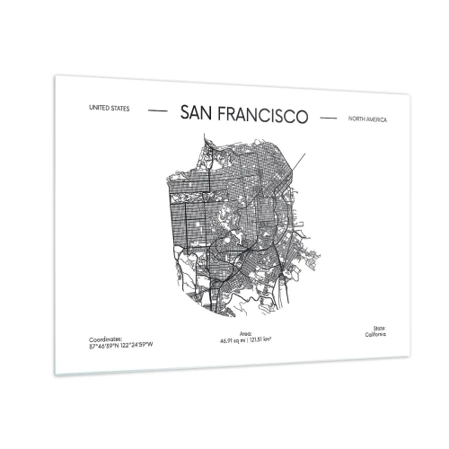 Obraz na skle - Minimalistická mapa ulic San Francisca - 70x50cm - Anatomie San Francisca - Moderní nástěnná dekorace do obývacího pokoje a ložnice ARTTOR